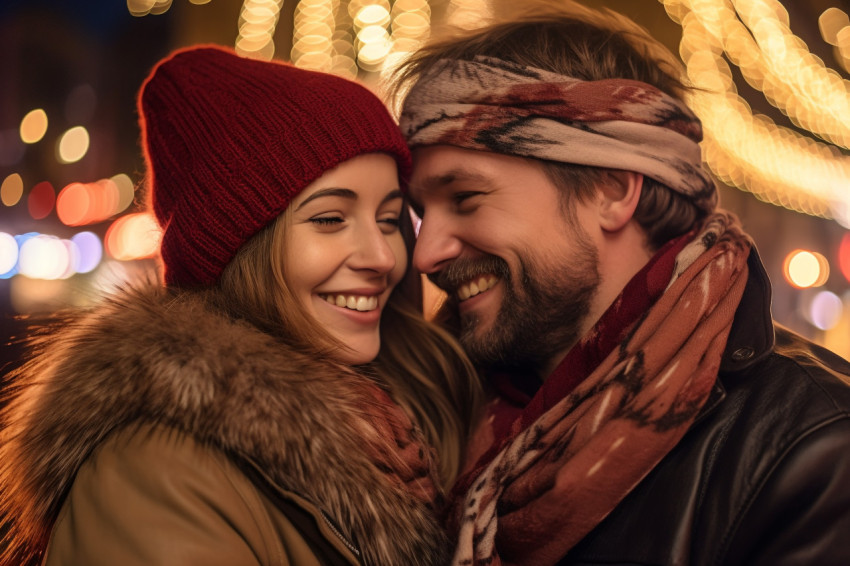 A photo of a couple hugging and enjoying Christmas lights outsid