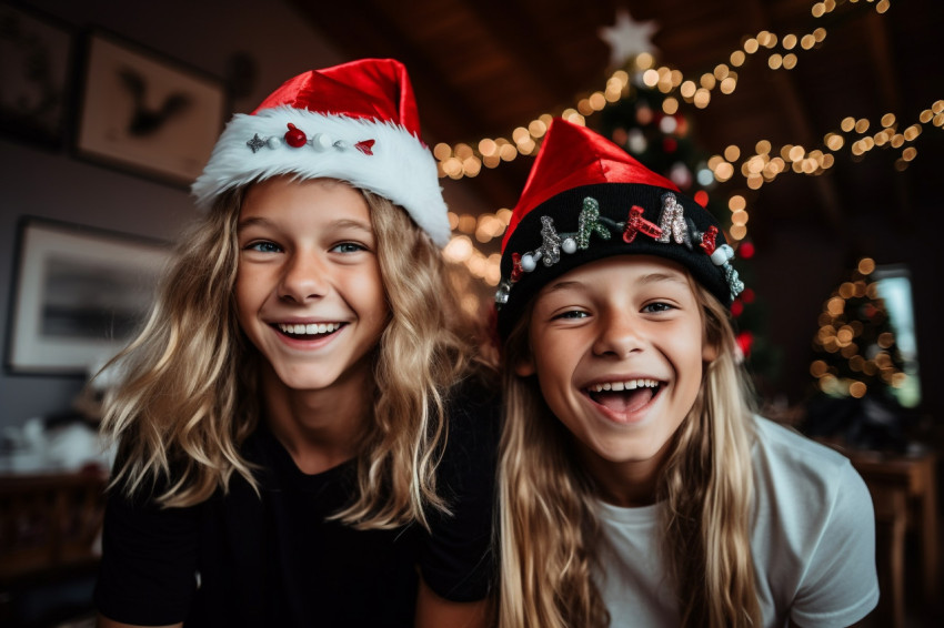 A picture of two siblings wearing Santa hats and celebrating Chr