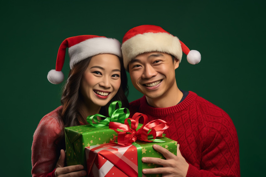 A photo of a happy Asian couple in red and green clothes holding A photo of a happy Asian couple in red and green clothes holding