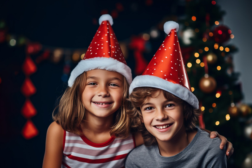 A picture of two siblings wearing Santa hats and celebrating Chr