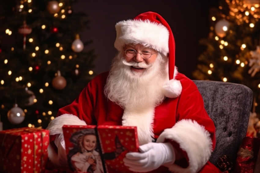 Picture of Santa with a gift box on Christmas Eve, sitting at a