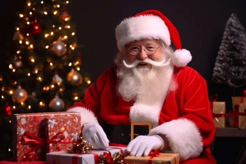 Picture of Santa with a gift box on Christmas Eve, sitting at a