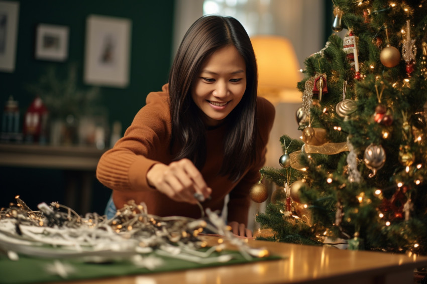 A picture of a beautiful Vietnamese woman setting the table whil