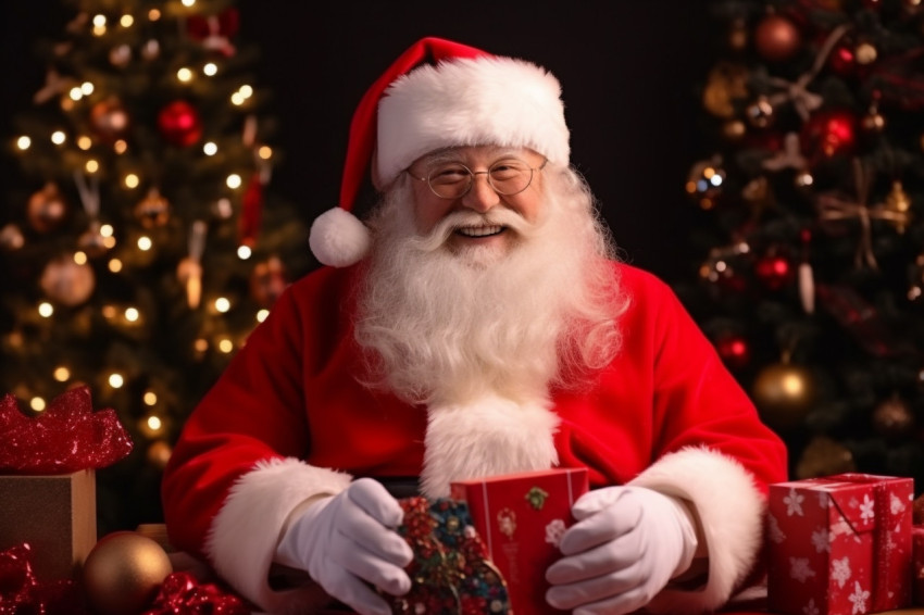 Picture of Santa with a gift box on Christmas Eve, sitting at a