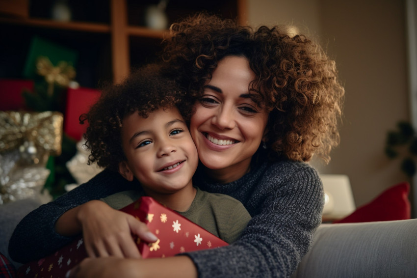 A happy woman of color with a gift is smiling and hugging a chil