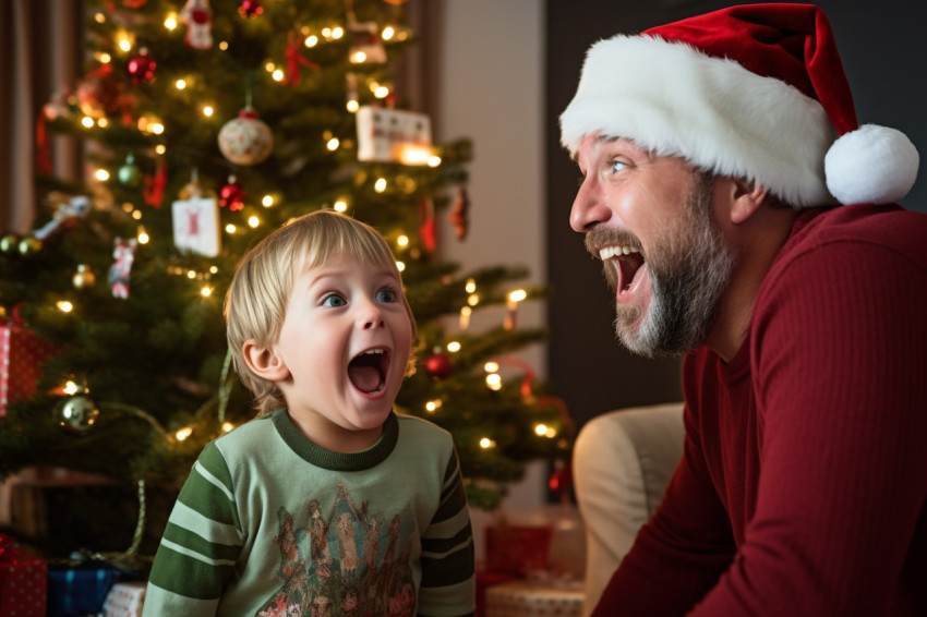 A photo of a happy son and his father looking at the Christmas t