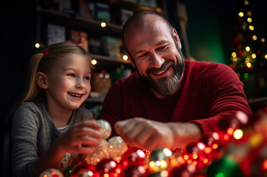 A picture of a happy father and his daughter touching Christmas