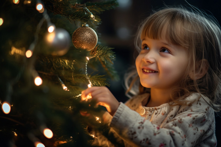 Picture of a mom and her baby girl decorating a Christmas tree