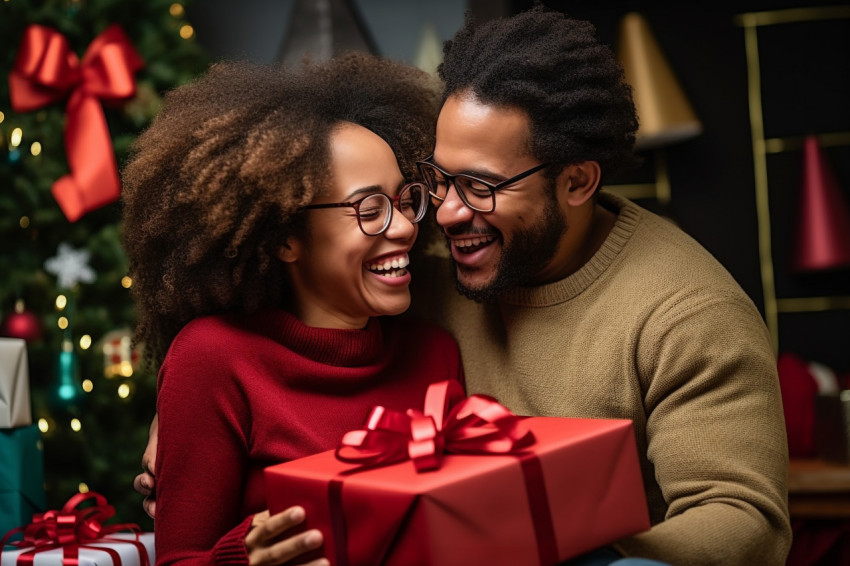 A photo of a very happy African American couple hugging and exch