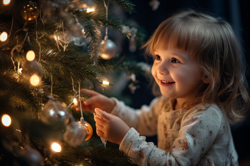 Picture of a mom and her baby girl decorating a Christmas tree