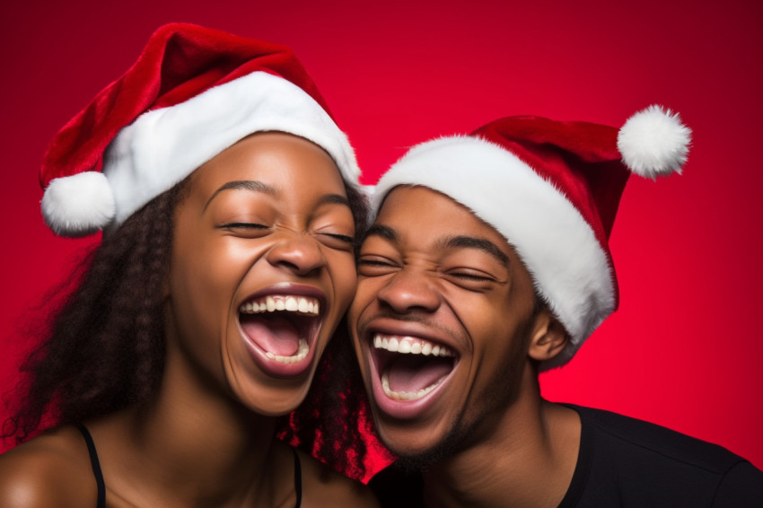 Close up photo of young black lovers wearing Santa hats and havi