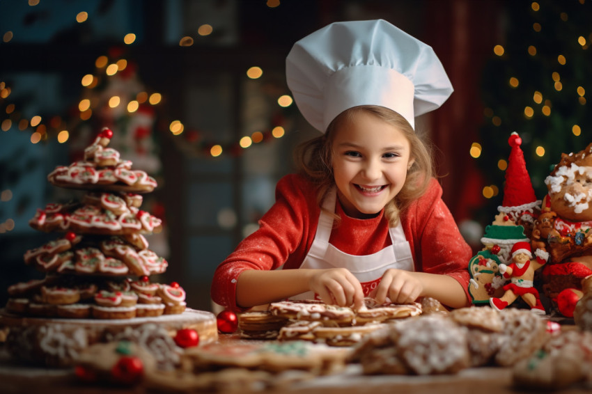 A photo of a happy and funny mother and daughter baking Christma