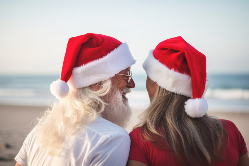 A photo of a couple wearing Santa hats together on the beach, se