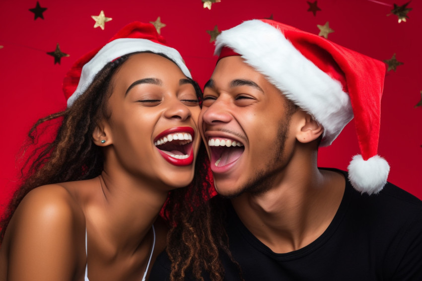 Close up photo of young black lovers wearing Santa hats and havi