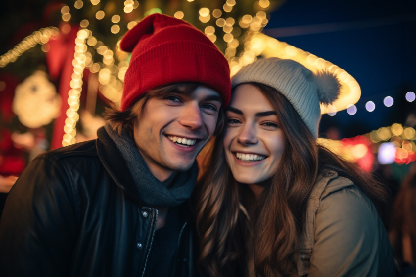 Picture of a young couple having fun at an amusement park on Chr