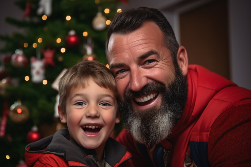 Picture of a happy dad and kid standing in front of a Christmas