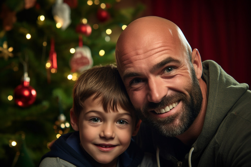 Picture of a happy dad and kid standing in front of a Christmas