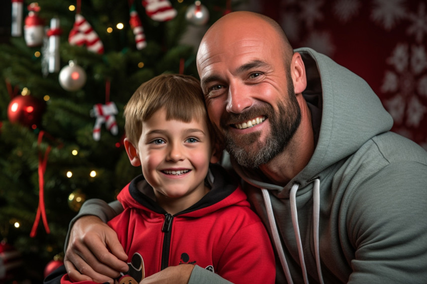 Picture of a happy dad and kid standing in front of a Christmas