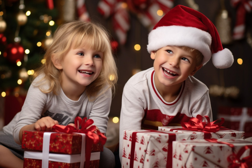 A photo of a happy little girl and boy hugging at home with Chri