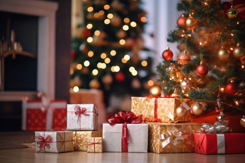 A picture of nicely wrapped Christmas presents on the floor next