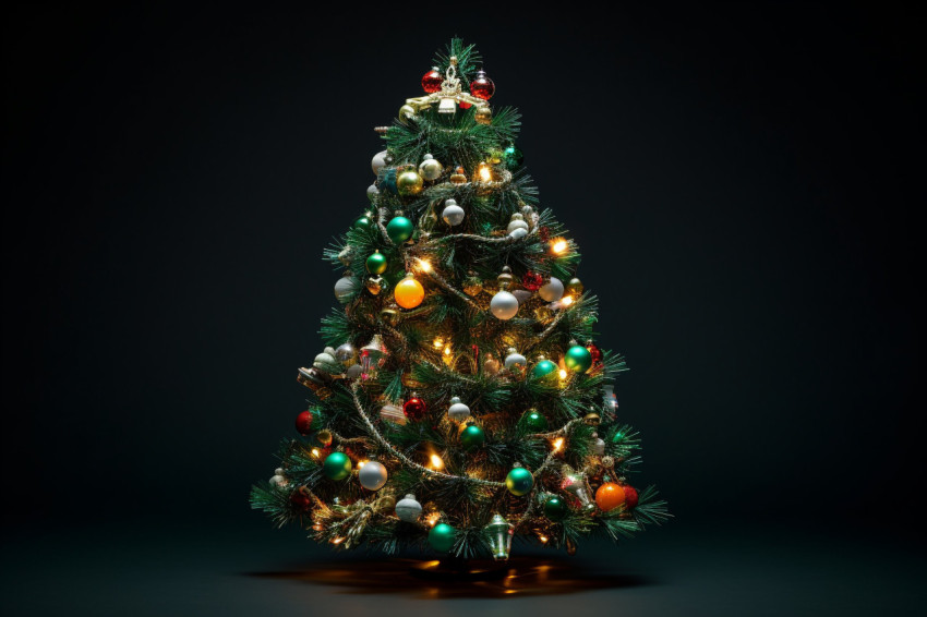 Picture of a Christmas tree with ornaments and lights on a dark