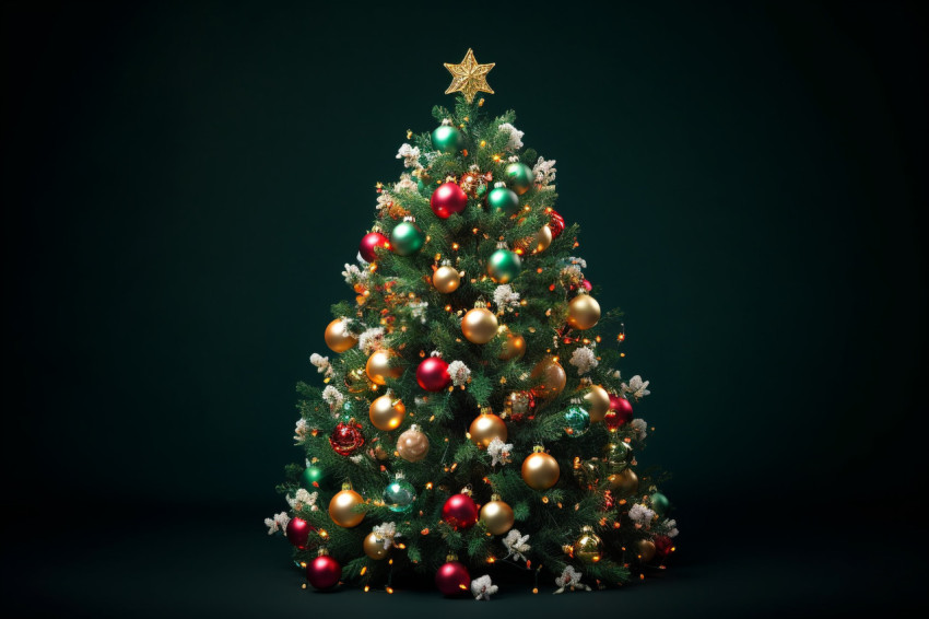 Picture of a Christmas tree with ornaments and lights on a dark