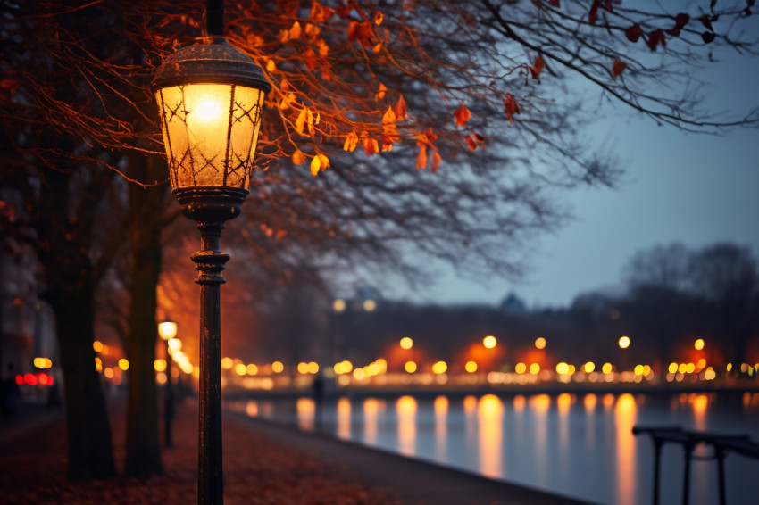 Photo of a glowing street light in front of Alster Lake in Hambu