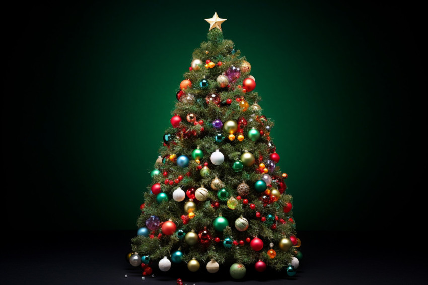 Picture of a Christmas tree with ornaments and lights on a dark