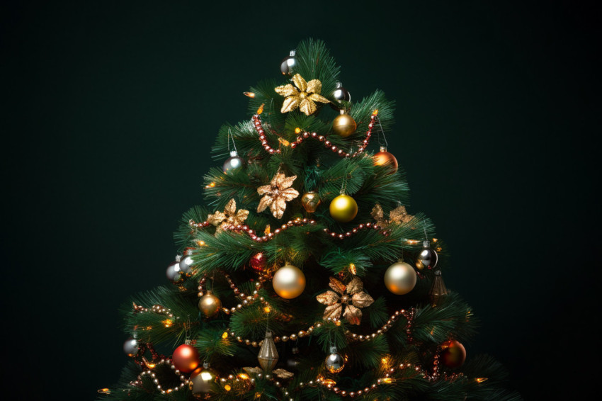 Picture of a Christmas tree with ornaments and lights on a dark