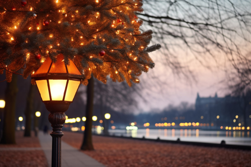 Photo of a glowing street light in front of Alster Lake in Hambu