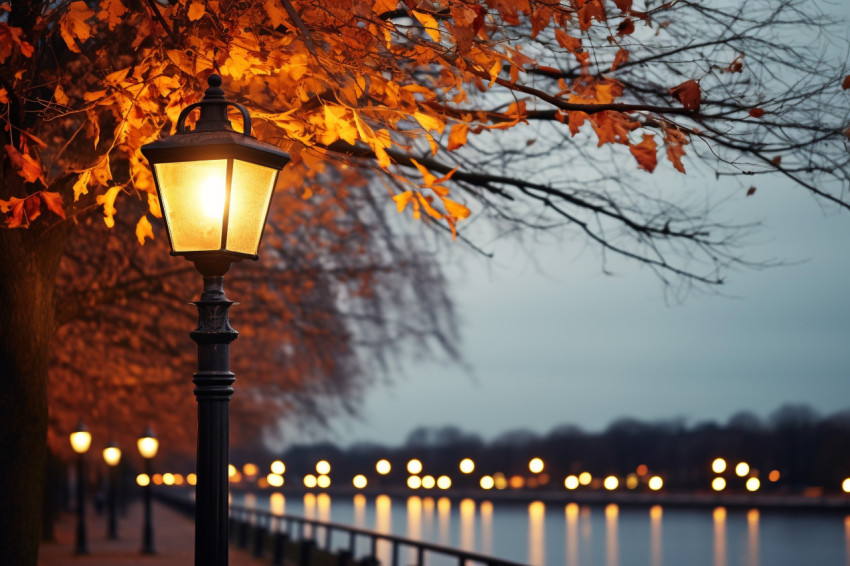 Photo of a glowing street light in front of Alster Lake in Hambu