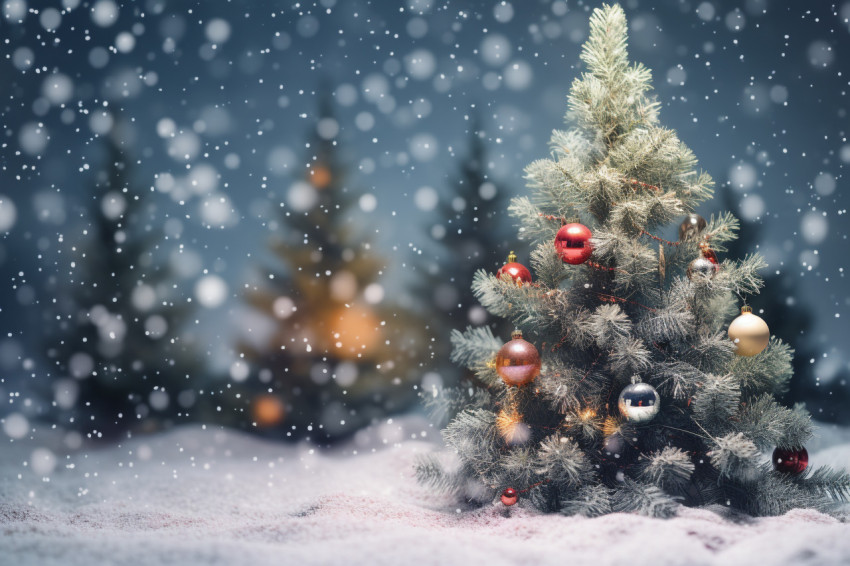 A picture of a Christmas tree with a blurry background of snow