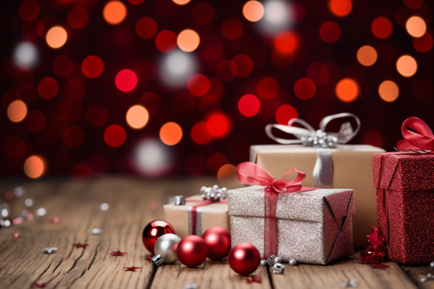 A picture of a Christmas scene with ornaments and presents on a