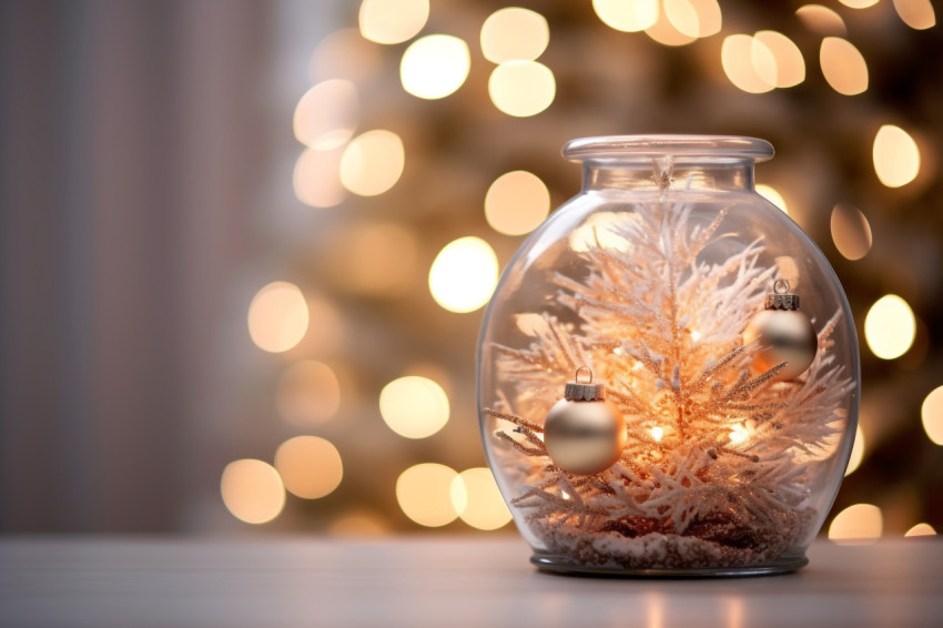 A close up photo of an elegant Christmas tree in a glass jar