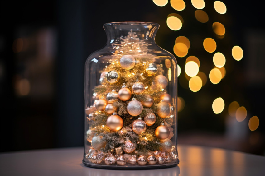 A close up photo of an elegant Christmas tree in a glass jar