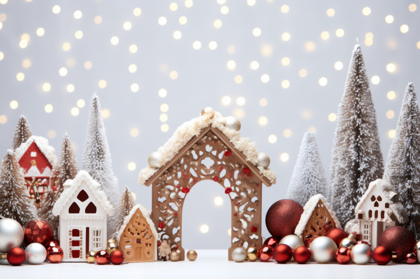 A picture of a Christmas arrangement on a white wooden table wit