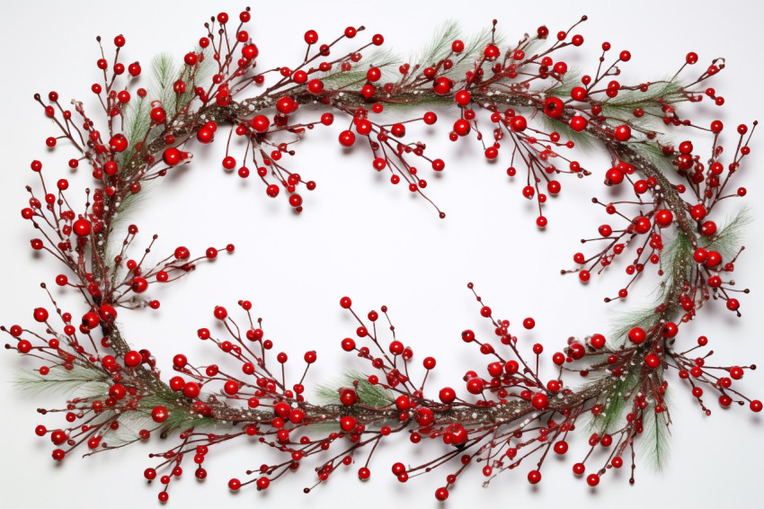 A picture of a Christmas frame made with pine needles and red be