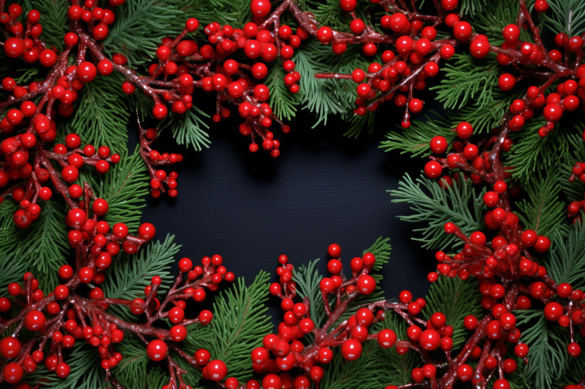 A picture of a Christmas frame made with pine needles and red be