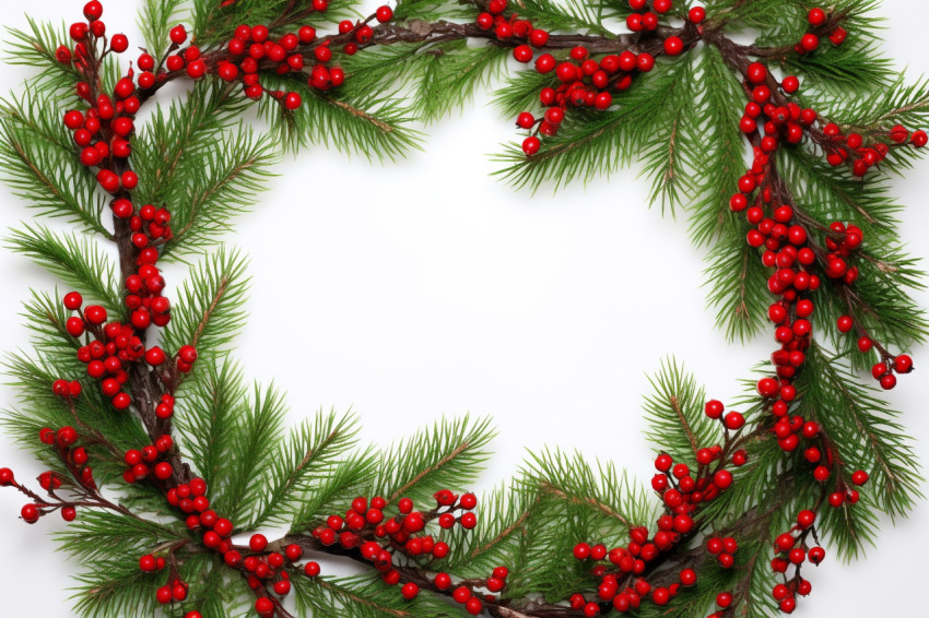 A picture of a Christmas frame made with pine needles and red be