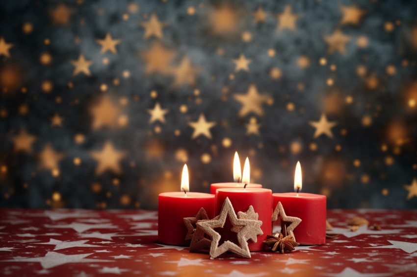 A picture of a Christmas scene with shiny stars and lit candles