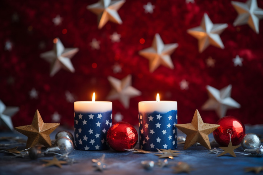 A picture of a Christmas scene with shiny stars and lit candles