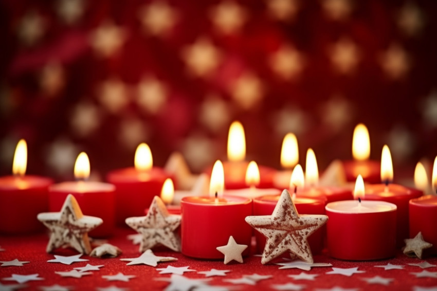 A picture of a Christmas scene with shiny stars and lit candles