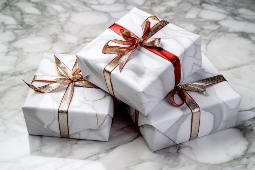 A picture of silver Christmas gift boxes made by hand, on a whit