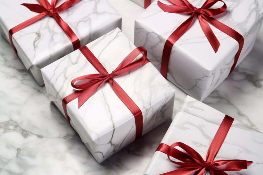 A picture of silver Christmas gift boxes made by hand, on a whit