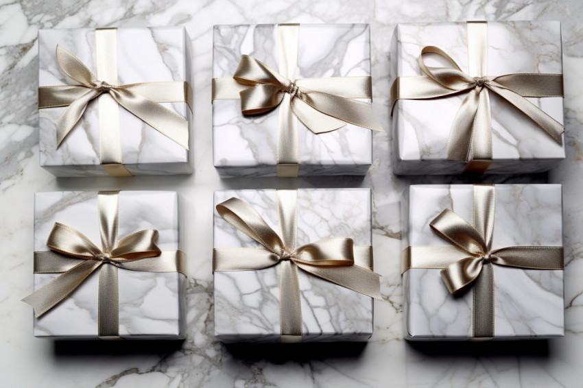 A picture of silver Christmas gift boxes made by hand, on a whit
