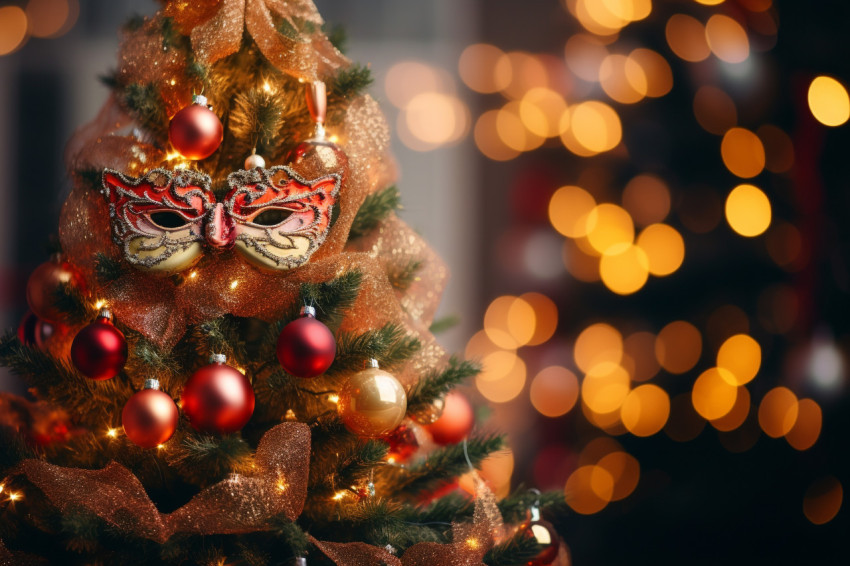 A picture of a Christmas tree with decorations, in front of a bl