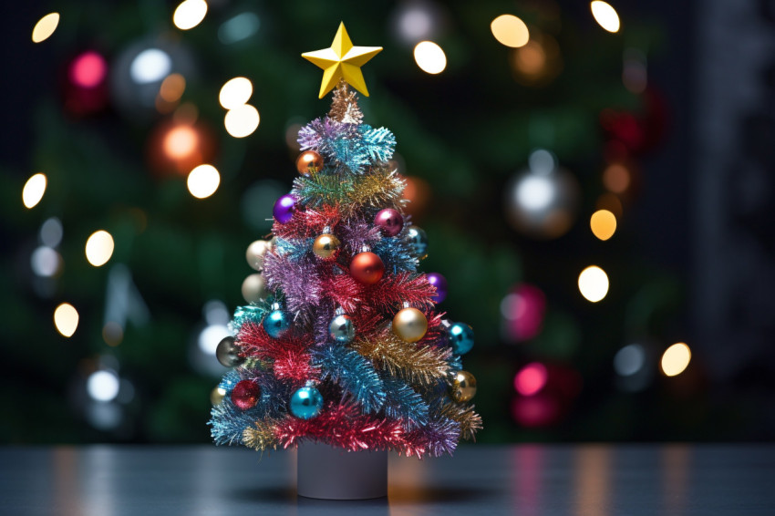 A picture of a Christmas tree with decorations, in front of a bl