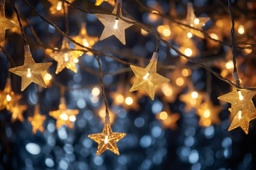 A photo of Christmas star lights hanging on fir branches with a
