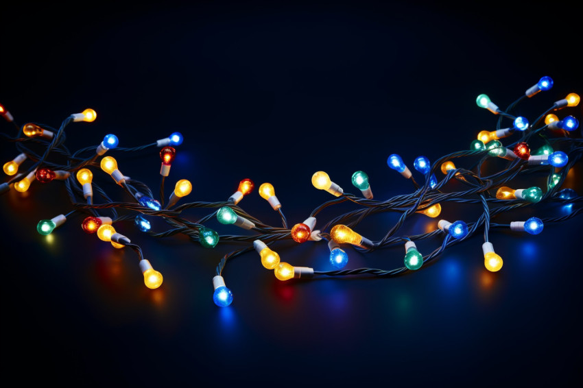 A picture of Christmas lights on a dark blue background