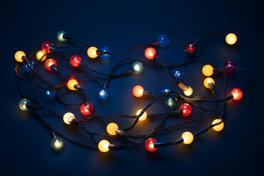 A picture of Christmas lights on a dark blue background